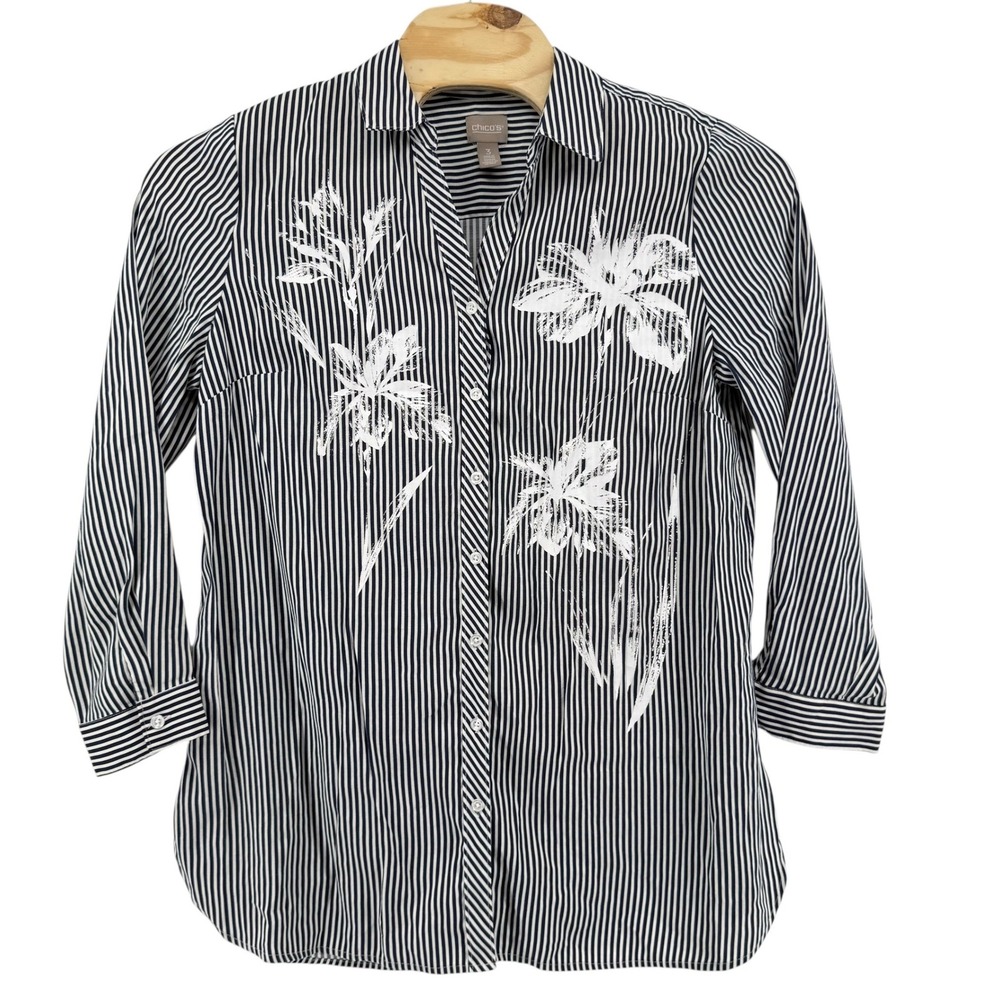 Chicos Women Navy White Striped Floral Button Down Tunic Shirt‎  Size 3 (XL)